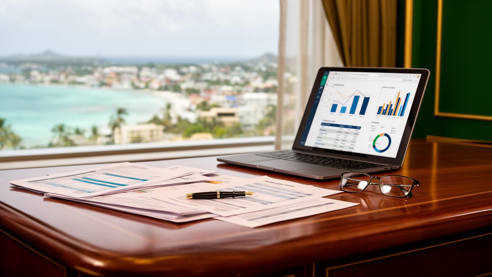 Belize accounting firm desk overlooking the coast